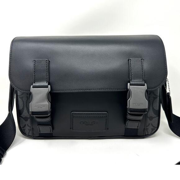 Coach Track Crossbody In Signature Canvas Charcoal Black Leather C3747 - Picture 1 of 7